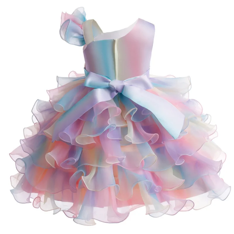 Girl\'s New Bow Sequin Rainbow Mesh Asymmetrical Collar Fluffy Skirt Sticker Birthday Party Stage Performance Dress