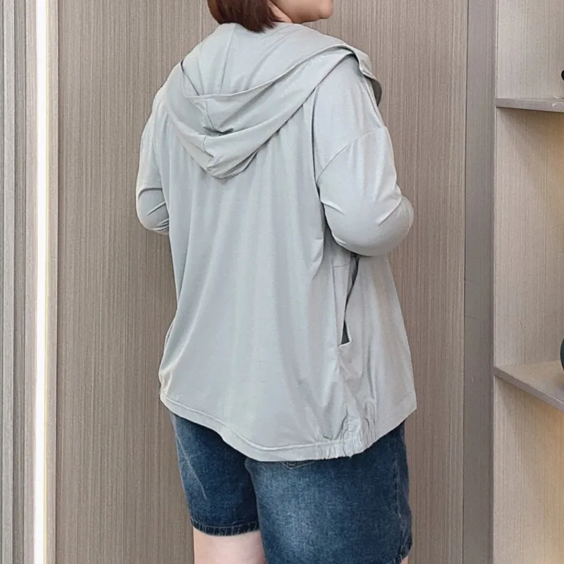 Plus Size Summer Sun Protection Clothes Women Thin Coat Loose Long Sleeve Hooded Quick Drying Breathable Zipper Jacket