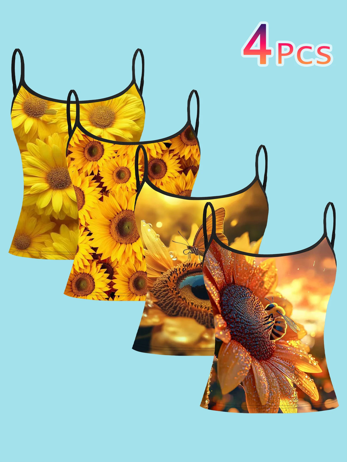 4-Piece Set of Realistic Sunflower, Butterfly, and Bee Print Camisoles, Sun-Kissed Pastoral Style with Large Sunflower Floral Design, Women's Slim-Fit Spaghetti Strap Sleeveless Tops for Outerwear or Layering