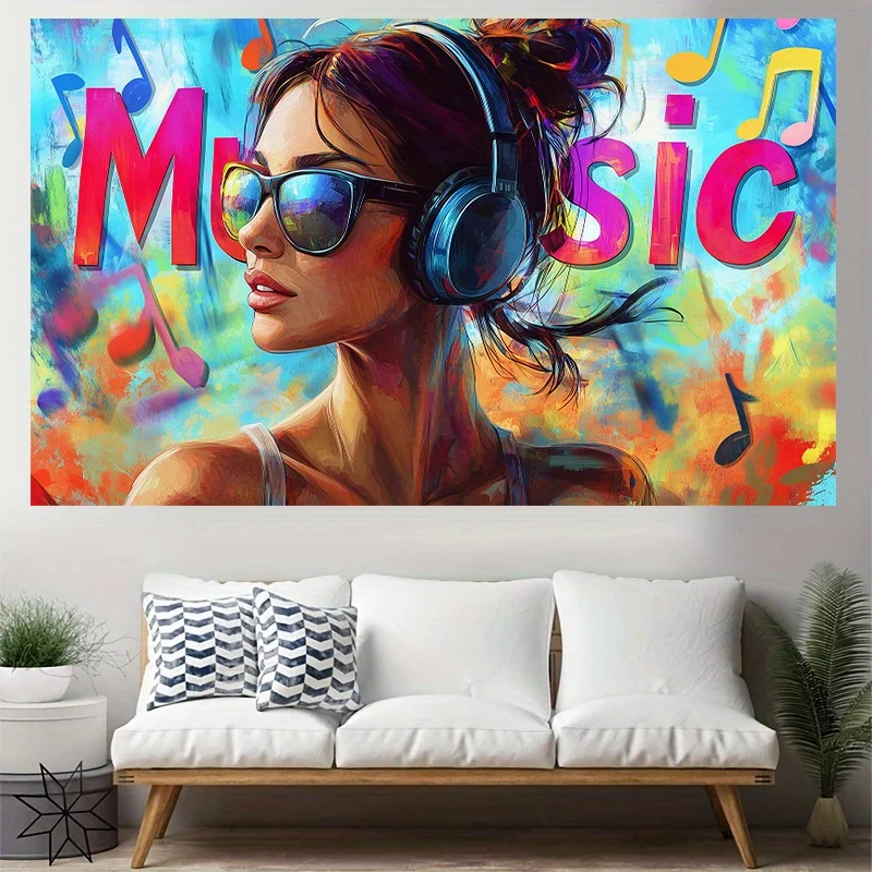 Colorful Music Girl Tapestry, Headphones & Sunglasses Wall Hanging, Vibrant Pop Art Decor for Bedroom Dorm Background