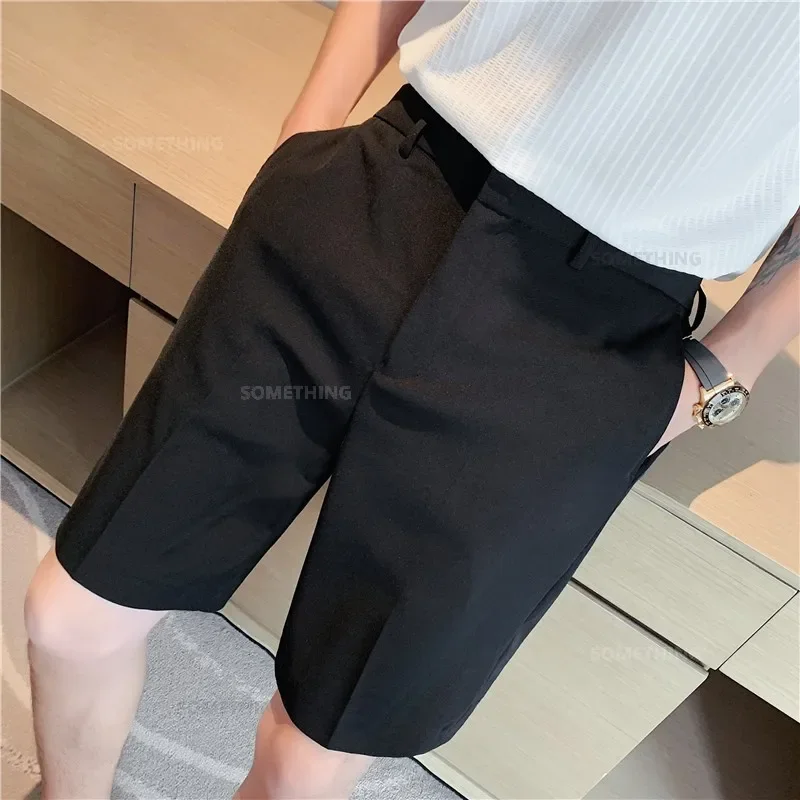 New Summer Thin White Shorts Men\'s Straight Korean Style Fashion Business Solid Color Casual Baggy Suit Shorts Male