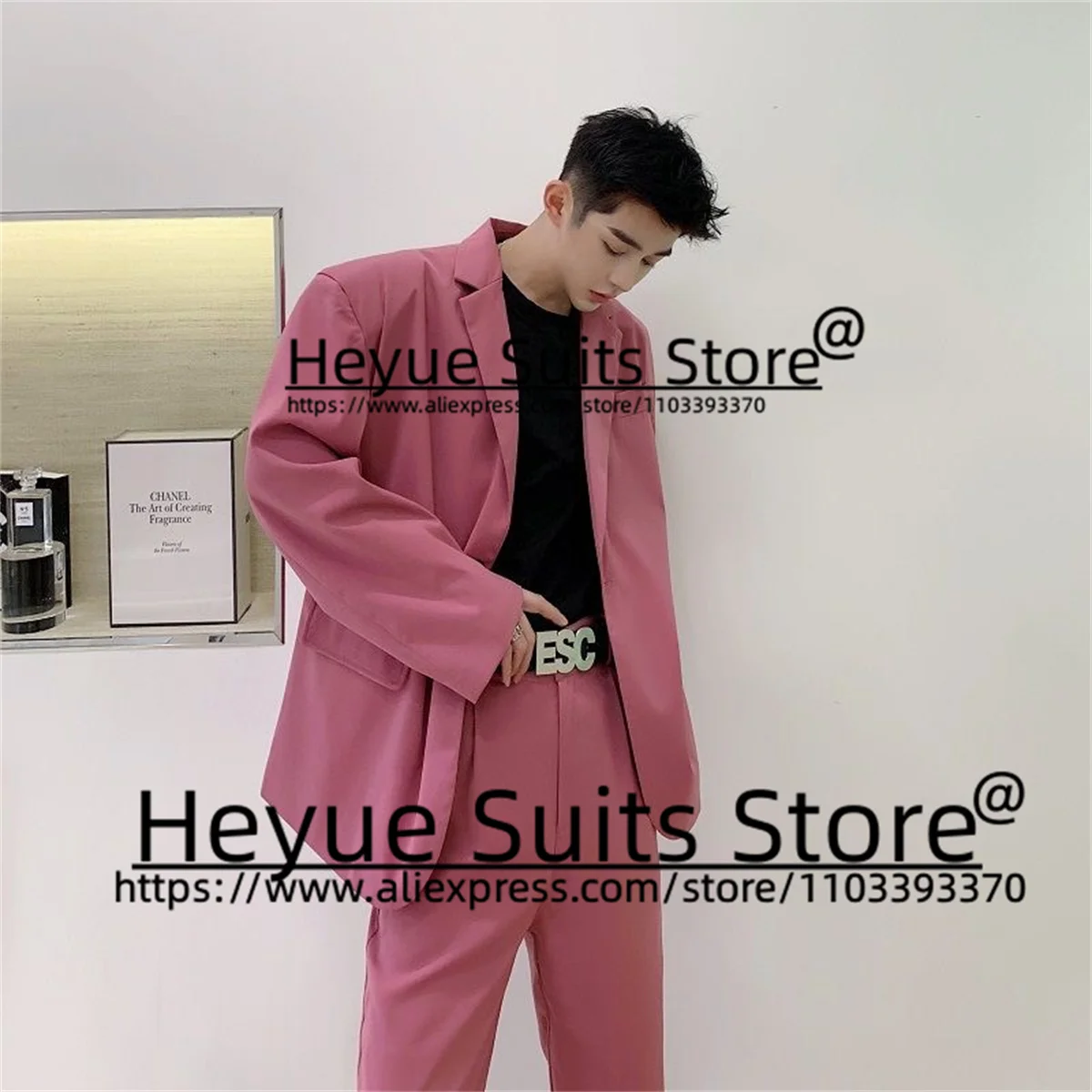 Korea Pink Loose Men Suits Slim Fit Notched Lapel Groom Formal Tuxedos 2Pieces Sets Foshion Male Blazer traje de hombre elegante