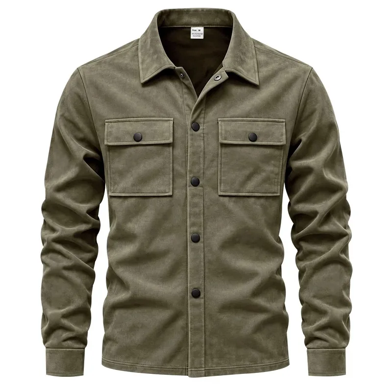 Herren-Freizeitjacke aus Kunstwildleder mit Kragen, langen Ärmeln, Knopfleiste vorne und Brusttaschen, geeignet für Frühling und Herbst. – Detail 15