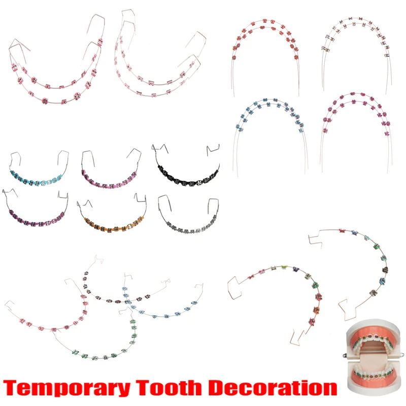 

1 пара красочных крючков, временное украшение для зубов с металлическими проводами, металлический кронштейн и ортодонтические лигатуры, стоматологические украшения