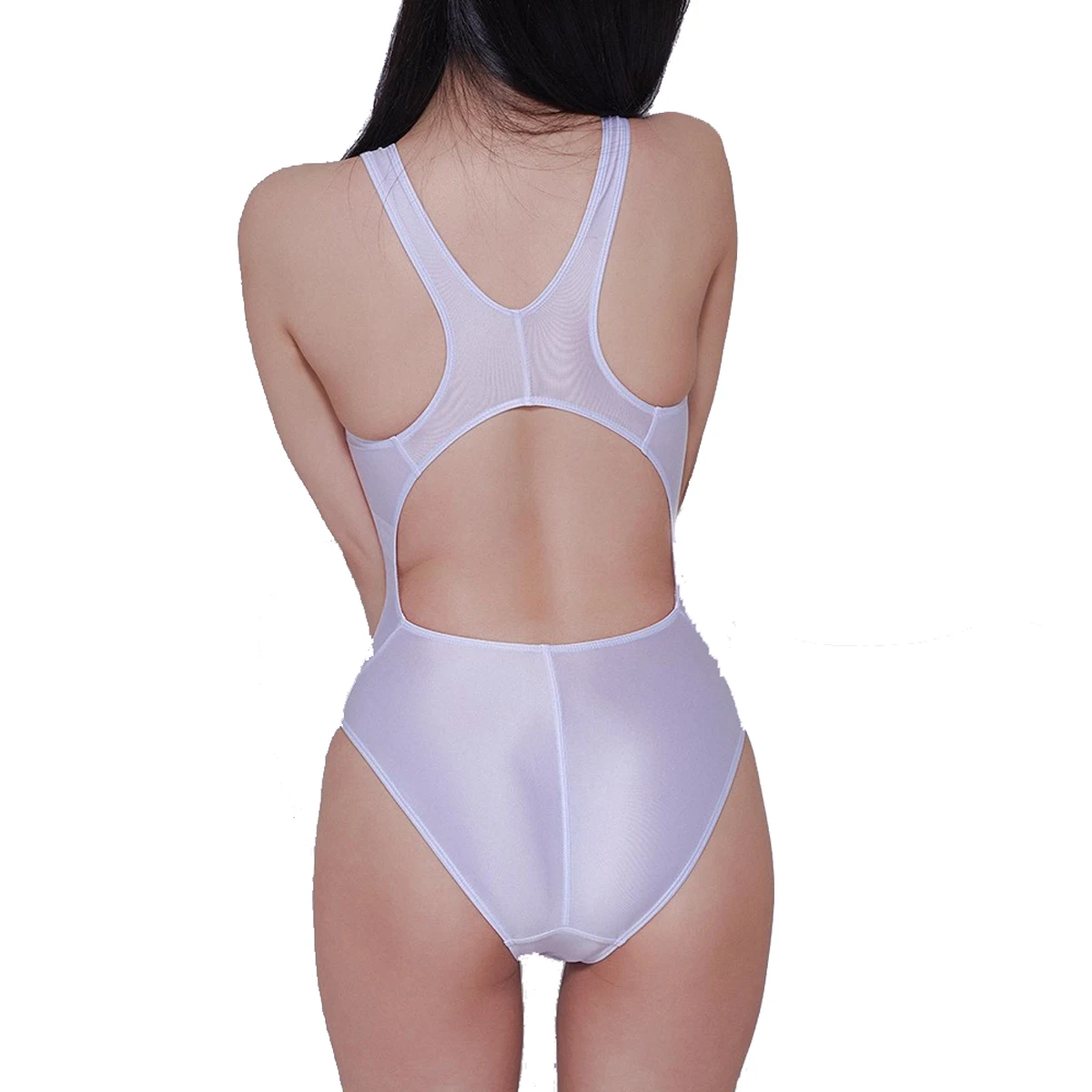 LEOHEX Women Sexy Glossy Spandex Stretch Ultrathin One-piece High Cut Casual Swimwear Bodysuit Leotards Bathing Suit Spring Hot