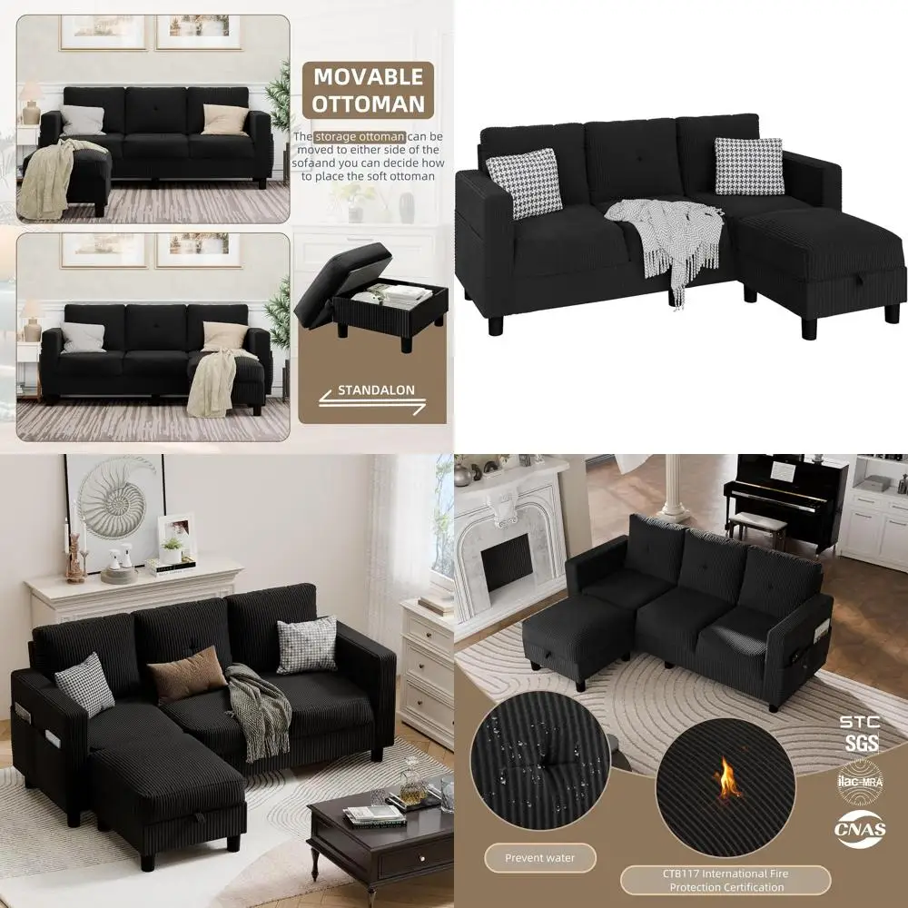

3-Seat L-Shaped Sectional Sofa Set with Corduroy Fabric and Removable Ottoman in Black