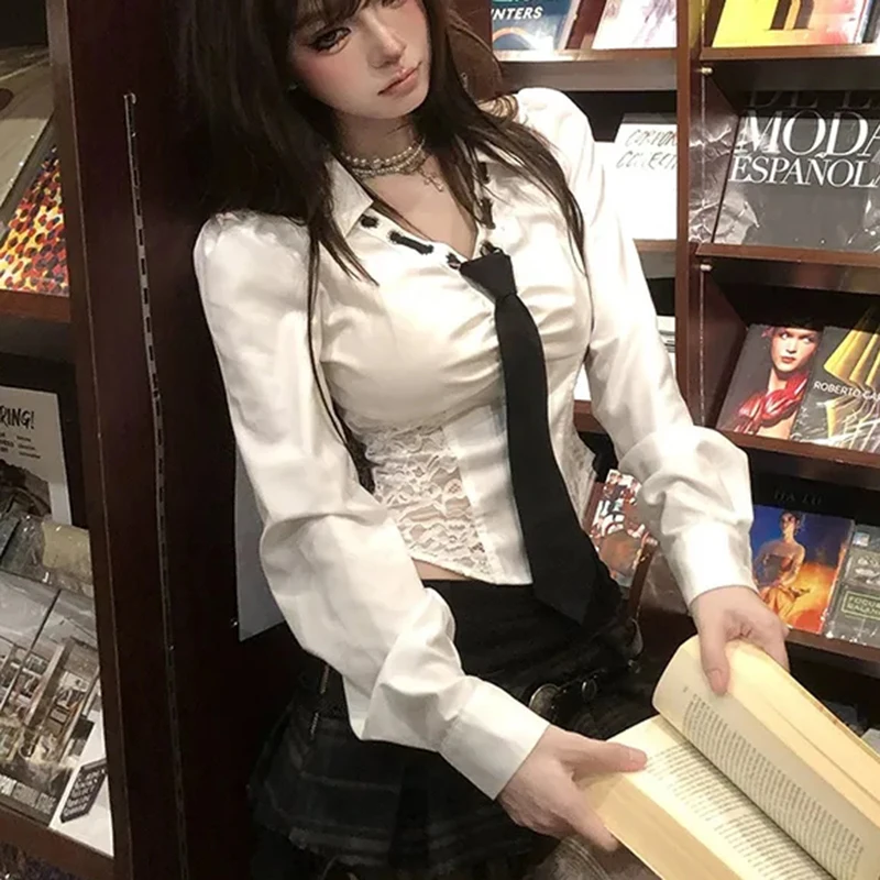 

Sexy Lace Patchwork Shirt Women Sweet Hollow Out Slim Long Sleeve Crop Top Korean Fashion Casual Tie All Match Ladies Jk Blouse