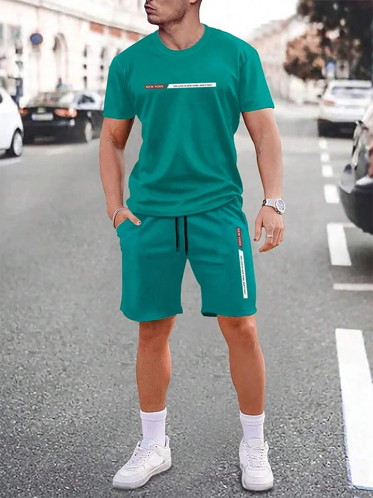 Urban street fashion trend men\'s crew neck short sleeve suit outdoor simple crew neck top casual and comfortable shorts