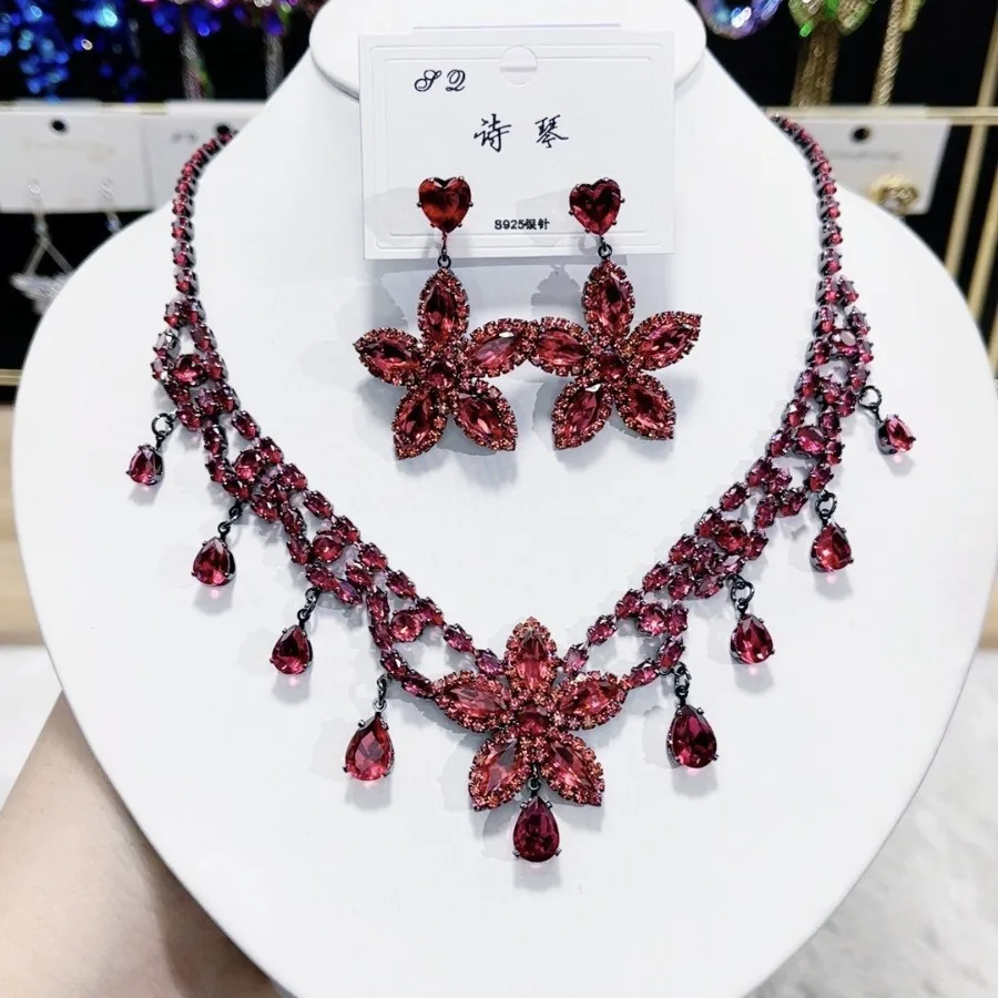 

Exquisite Bridal Jewelry Set Red Flower Cubic Zirconia Necklace Earrings Sets S925 Post Wedding Party Jewellery Accessory