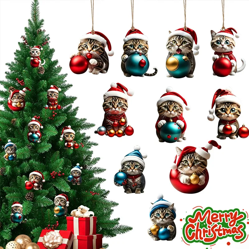 1-50PCS Adorable Cat Figurine Holding Christmas Ball Ornament Keyring for Tree Car Bag Home Party Holiday Celebration Decor