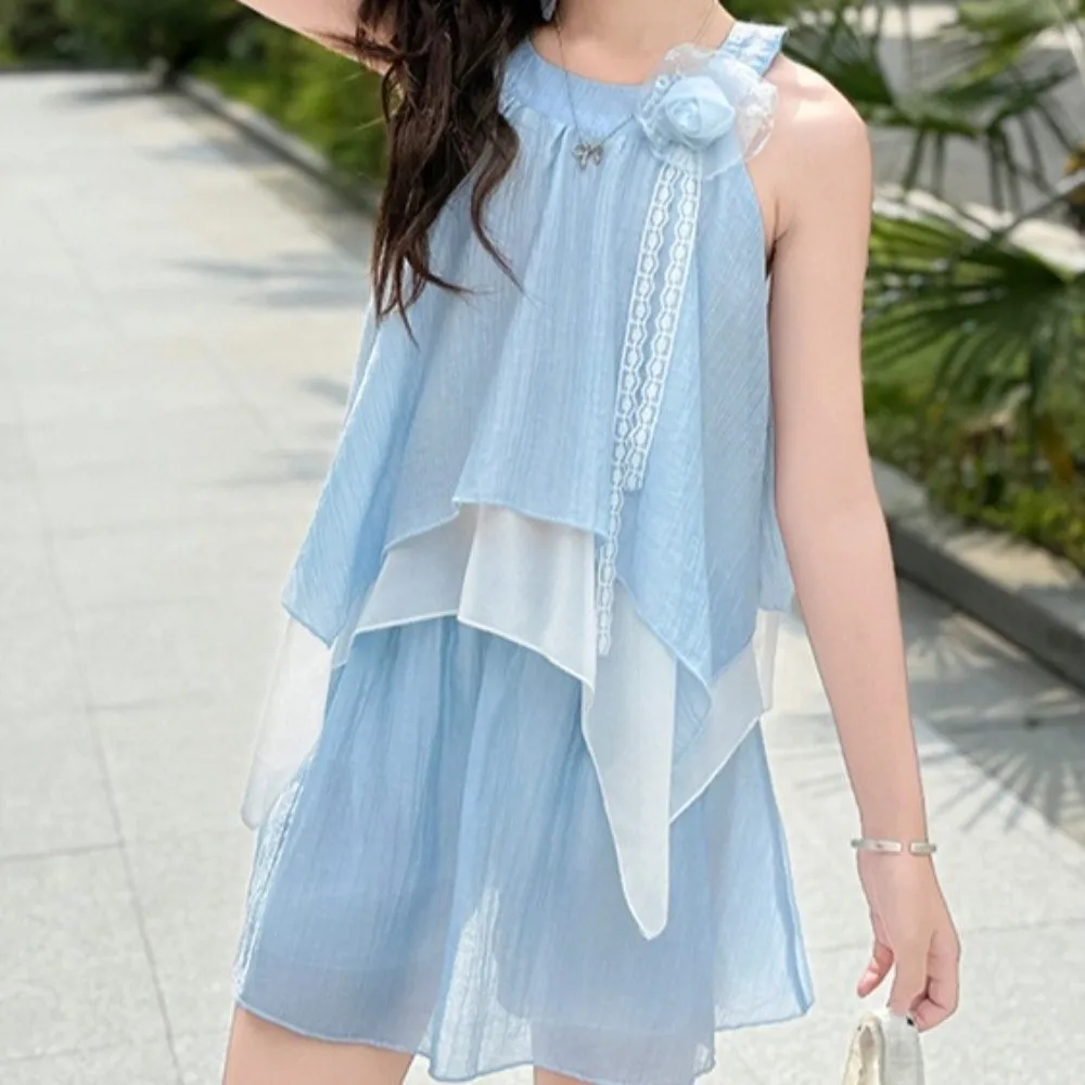 Vestido corto con volantes y flores rosas en 3D para niños, vestido de playa sin mangas de estilo coreano, camisola, pantalones cortos interiores