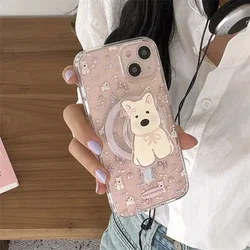 Magnetic painted floral dog phone case with holder For iPhone 11 12 13 14 15 16 pro max