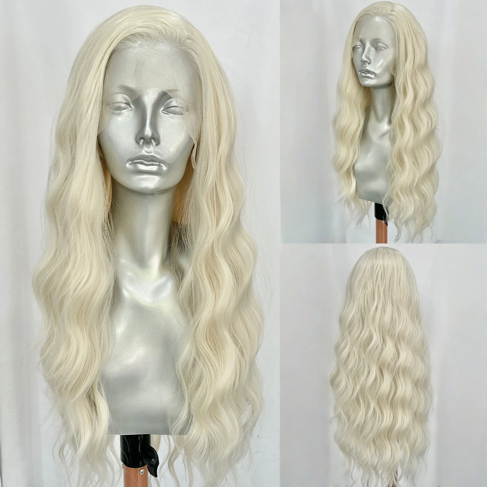 Platinum Blonde Long Curly Wavy Synthetic Hair Wigs for Women Free Part 60 Blonde Deep Wave Loose Curly 13X4 Frontal Daily Party
