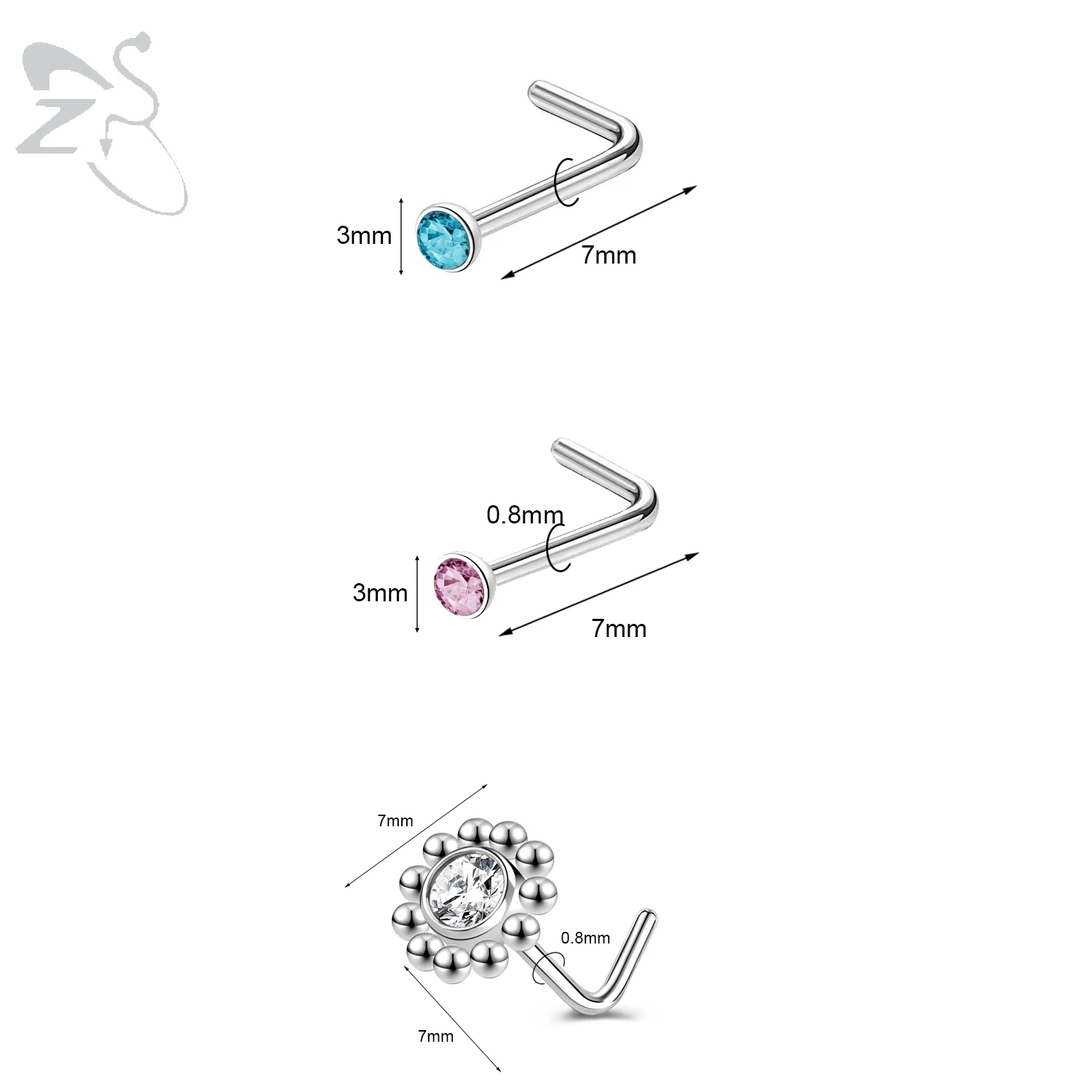 3pcs Stainless Steel Nose Stud Set with Crystals