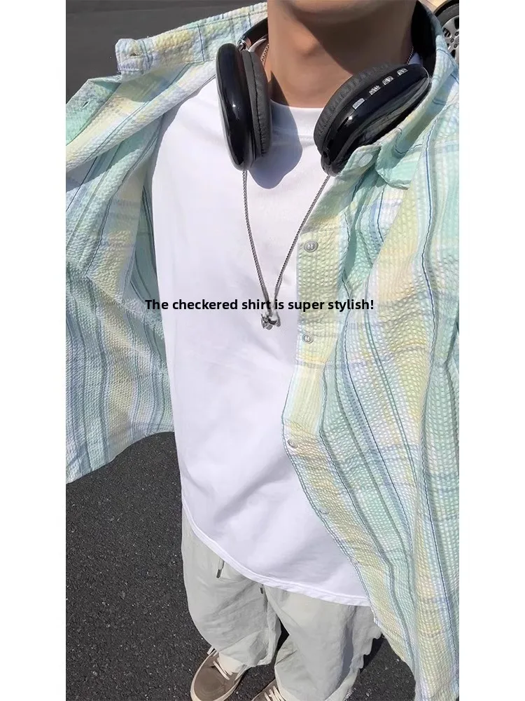 Mint Green Summer Shirt Men's Long Sleeve Thin Bubble Cloth Texture Casual Shirt Jacket Design Sensation Small Top