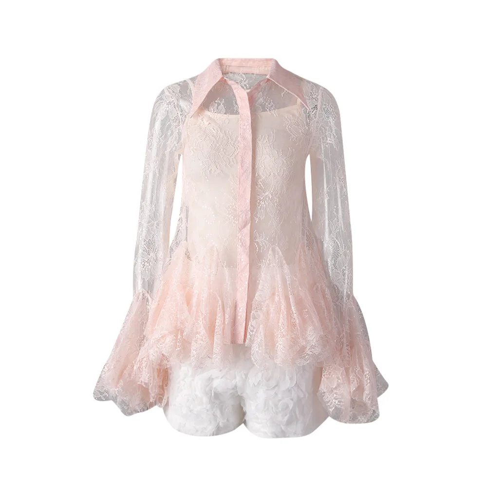 

Summer Turn-Down Collar Flare Sleeves Sexy Lace Hollow Out Ruffles Single Breasted Shirt High Waist Shorts Two Pieces Set