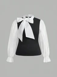 Plus Size Women's Elegant Contrast Bow Tie Long Sleeve A-Line Office Work Shirt Business Pink Black Brown Best for Spring