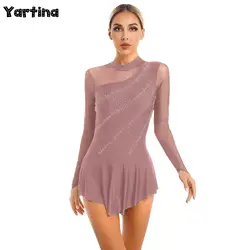 Womens Rhinestone Gymnastics Artistic Skating Costume Glitter Rhinestone Ballet Jersey Water Diamond Tight Fitting Lyrical Dress