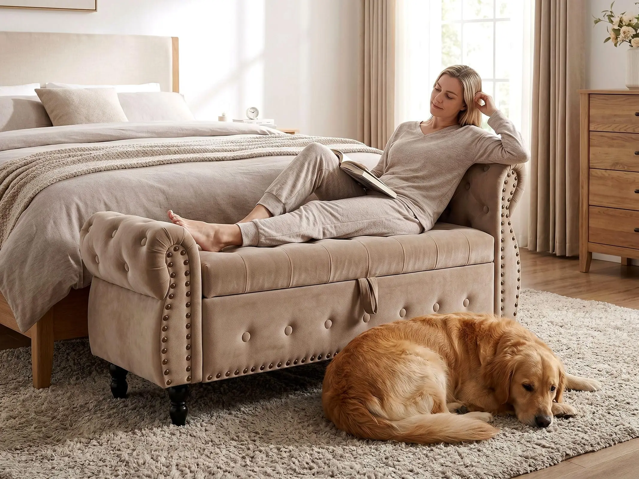 Banc de lit luxueux et haut de gamme, revêtu de tissu en velours, avec garniture cloutée, 151 cm, banc de chambre rembourré avec accoudoirs hauts et grand compartiment de rangement.