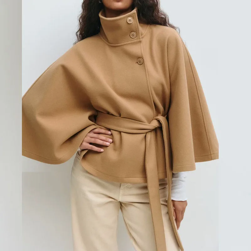 Button Stand Collar Lace-Up Cardigan Jacket Winter Warm Cape Outerwears Autumn Long Sleeve Women's Trench Coat