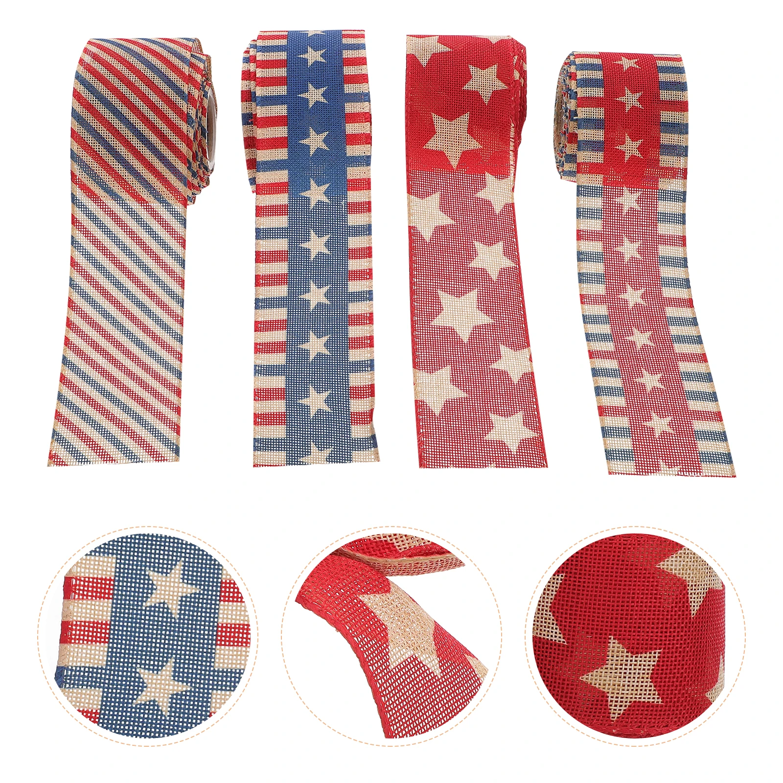 

4 Pcs Patriotic Striped Ribbon for Independence Day Decorations Linen Flag Theme American Star Pattern DIY Crafts Photo Props