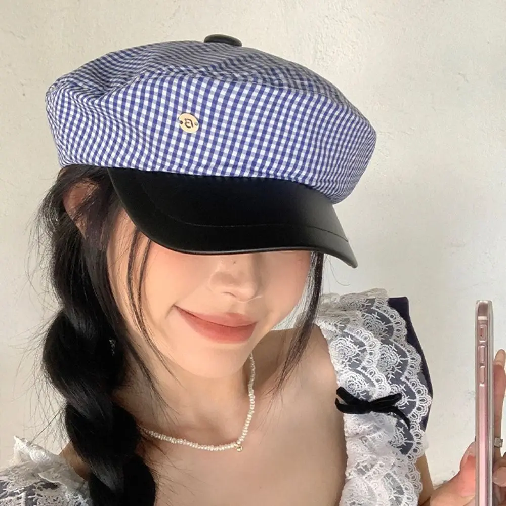 Новый синий клетчатый берет, дизайнерская шляпа моряка с плоским верхом, корейская темно-синяя кепка Y2k, уличная одежда