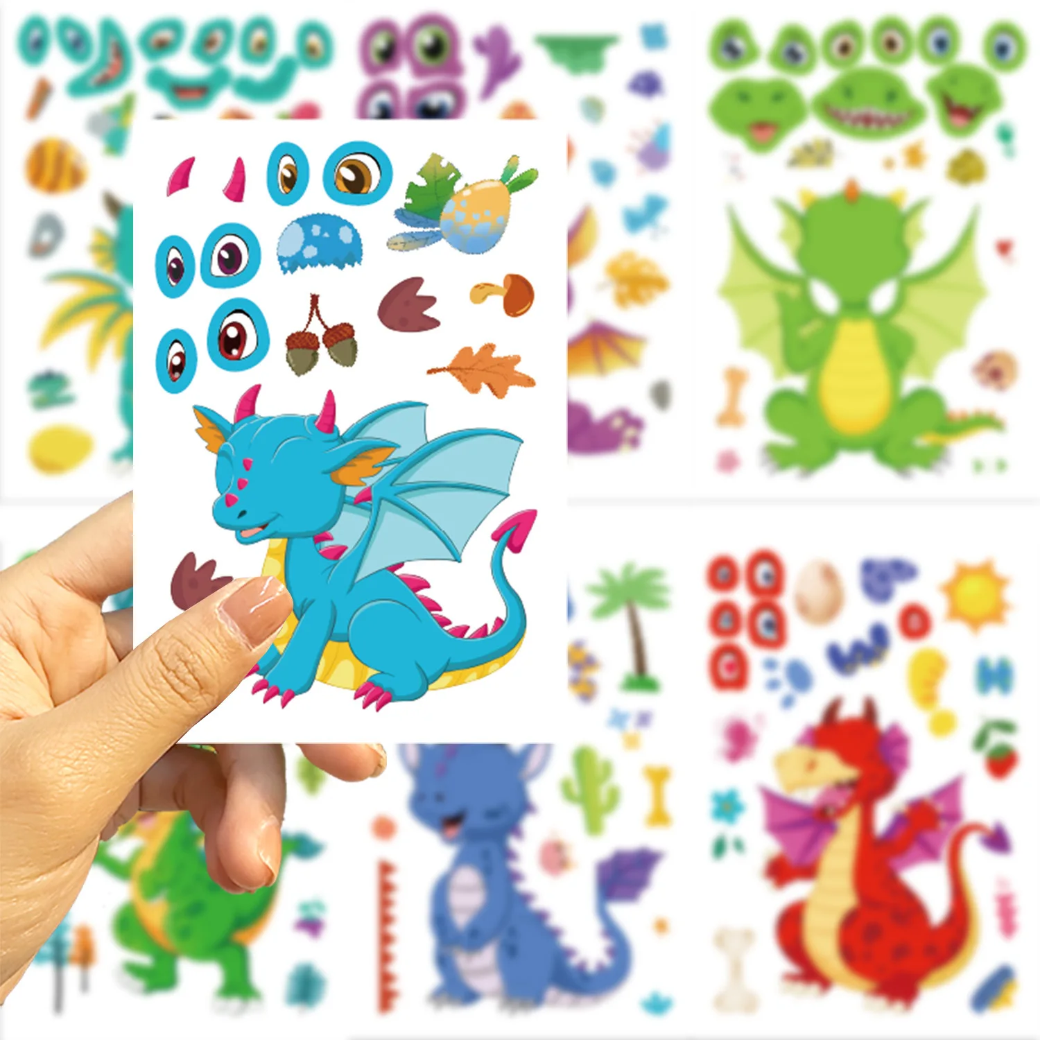 8/16 Arkuszy Naklejek Puzzle z Kreskówkowym Smokiem - Zrób Minę, Naklejki dla Dzieci, Gra DIY, Edukacyjne Naklejki Puzzle dla Dzieci, Zabawki