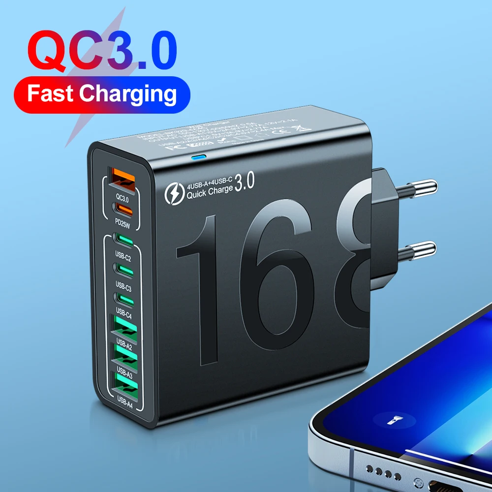 

8 Ports USB QC3.0 Fast Charger EU US KR Plug 150W Fast Charger Power Adapter For iPhone 16 15 14 13 Xiaomi Samsung