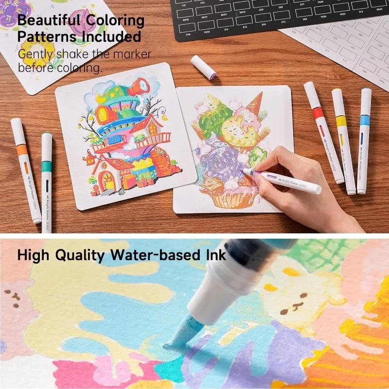 علامات طلاء أكريليك برأس فرشاة مكونة من 60 قطعة - أقلام فنية لمشاريع القماش المصنوعة من قماش الخشب والسيراميك الصخري