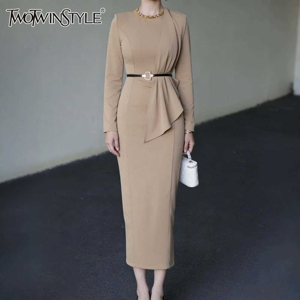 TWOTWINSTYLE Solid Spliced Sashes Chic Dress Female O Neck Long Sleeve Slimming Elegant Intellectual Women's Dresses Fashion New