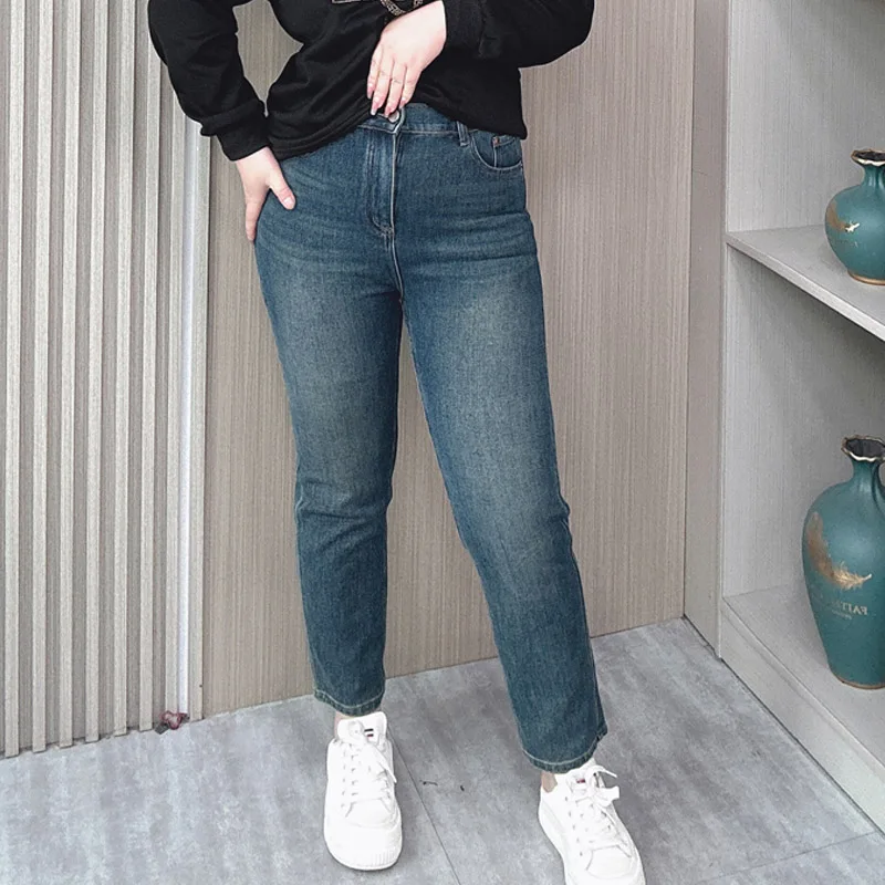 

Spring/Autumn Plus Size Quality Straight Jeans Female High Waist Slim Stretched Denim Casual Ankel-Length Cigarette Pants 5258