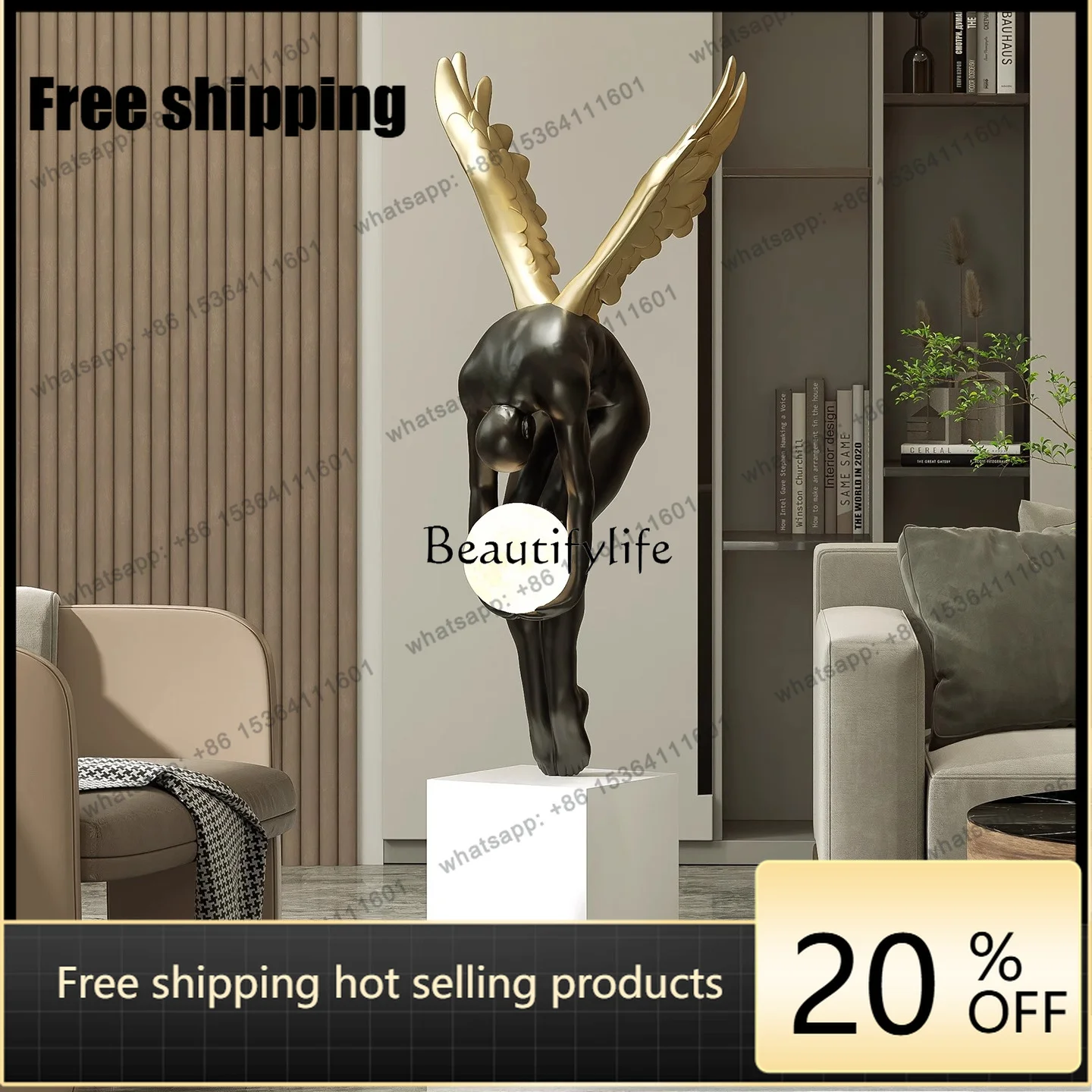 Factory Direct Modern Light Luxury Art Figure Floor Ornament Living Room Entrance Abstract Craft Hotel Lobby Angel Sculpture