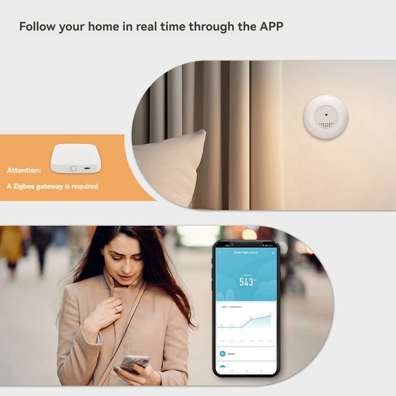 เซ็นเซอร์วัดแสงอัจฉริยะ Tuya สมาร์ทโฮม Zigbee เซ็นเซอร์วัดแสงอุปกรณ์แอปควบคุมเครื่องตรวจจับความสว่าง