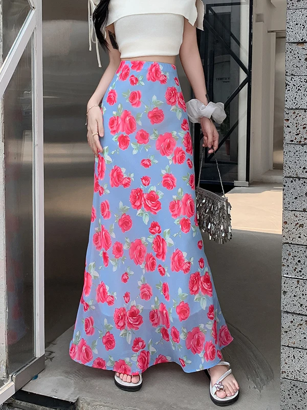 

Women's Summer Sweet Floral Chiffon Mermaid Skirt Lady Streetwear Holiday High Waist Slim Fishtail Long Skirt