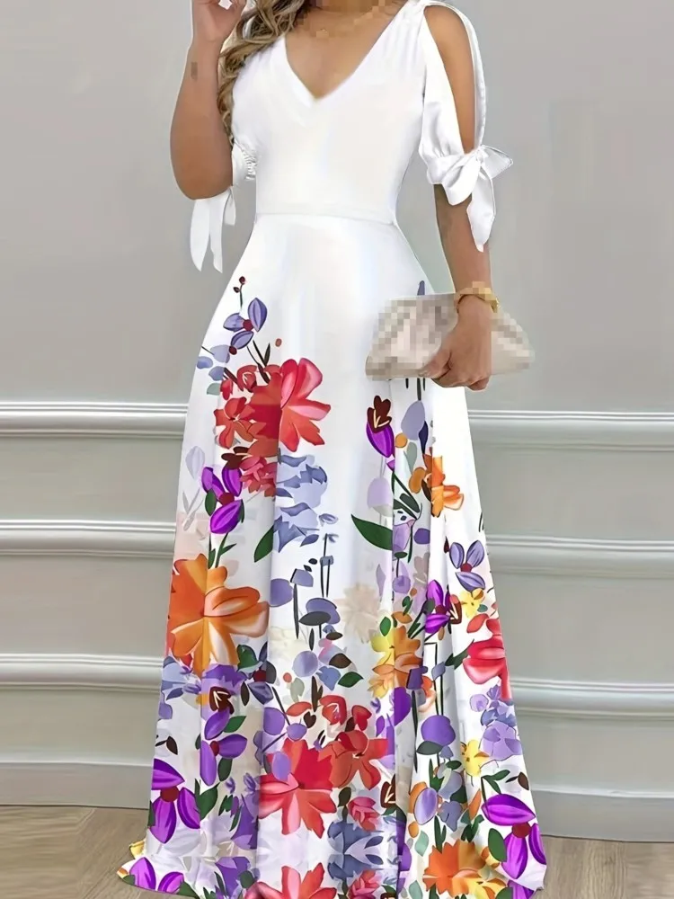 

Summer Fashion Elegant Women Sexy V Neck Holiday Beach Bohemian Long Dress Floral Print Tie-up Short Sleeve Hollow Maxi Dresses