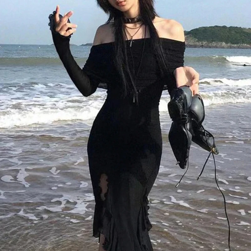 

2025 Elegant Fashion Dark Ruffles Split Long Dress Gothic Slash Neck Long Sleeve Maxi Dresses For Women 2023 Holiday Beach