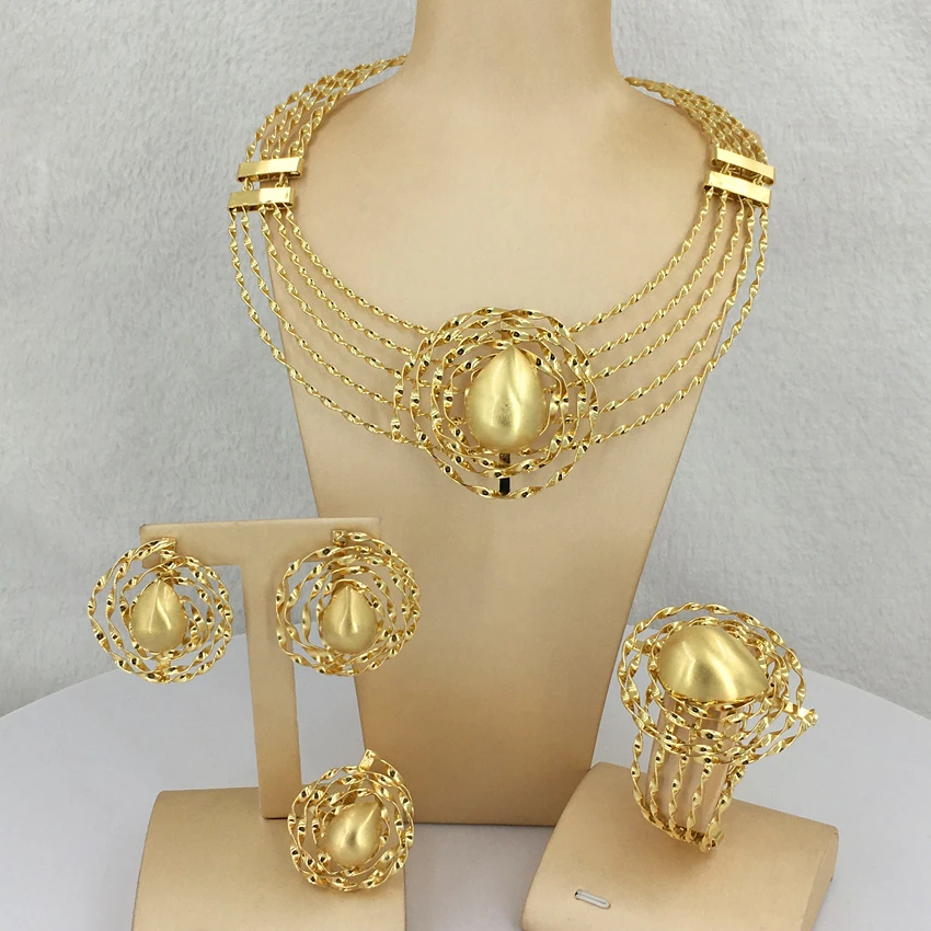 African Brazilian Gold Plated Jewelry Set Fashion Ladies Mama Large Necklace Earrings Ring Wedding Party Gift FHK13037