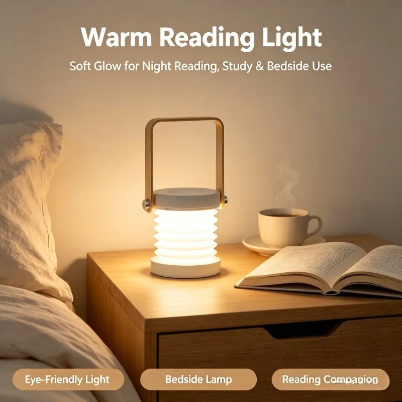 Foldable LED Table Lamp with Handle Portable Telescopic Lantern Night Light USB Rechargeable Reading Lamp for Bedroom Office