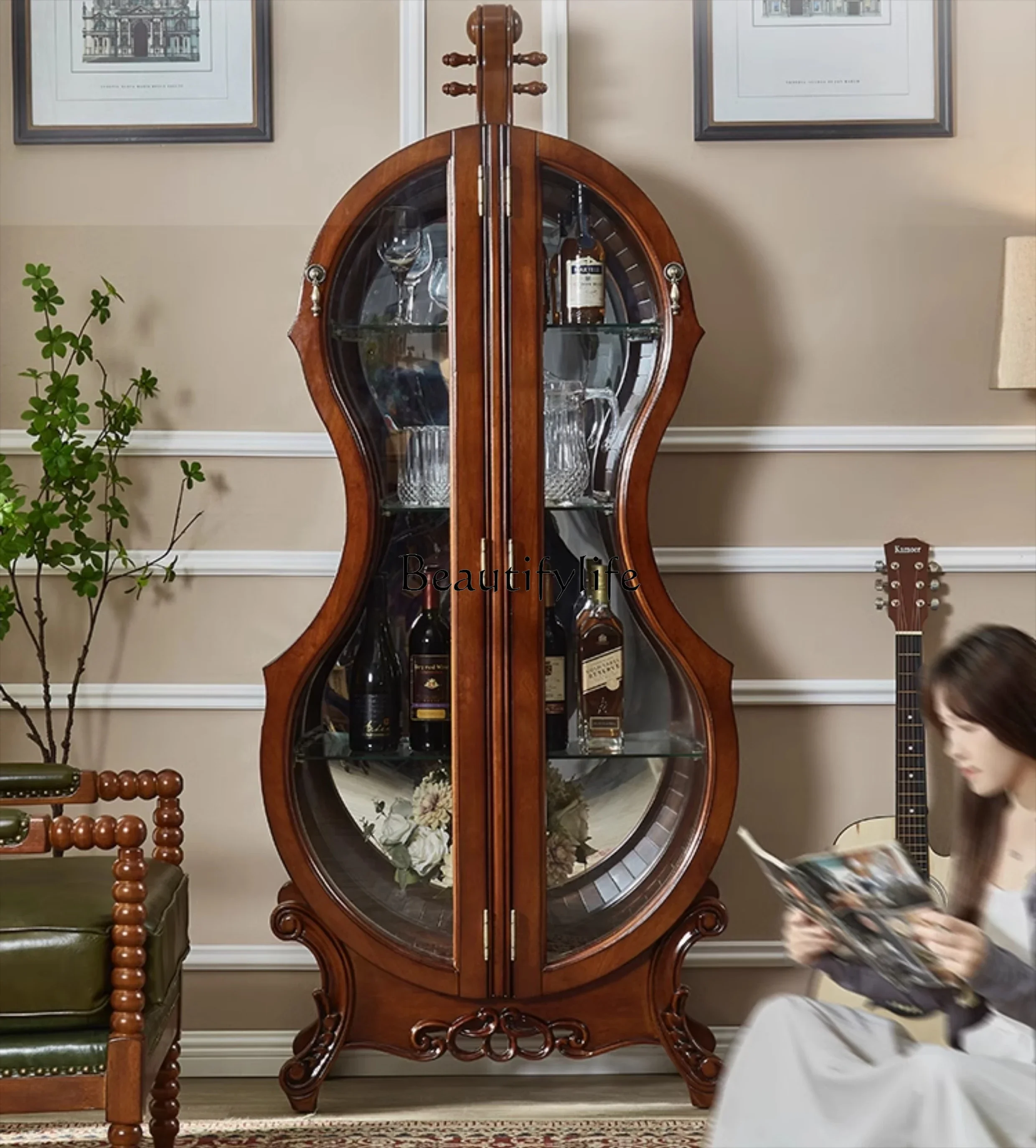 

American solid wood high-end glass display double door cello ornament