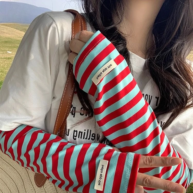 Mangas sueltas a rayas bloqueadas de Color para mujer, nueva protección solar para ciclismo al aire libre, protección para brazos, mangas de hielo transpirables