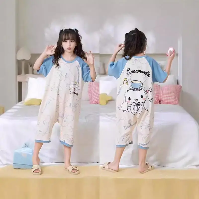 Sanrio 2024 New Pajamas Girls One-Piece Thin Pajamas Short Sleeve Sleeping Bag Cartoon My Melody Kuromi Girls Clothing Gift