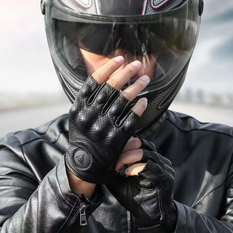 Summer Motorcycle Fingerless Gloves Accessories Goatskin Leather Half Finger Gloves Motocross Gant Moto Guantes Moto Verano view 3