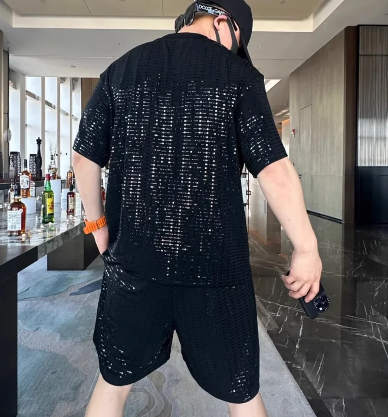 Men's 2024 Summer Trendy Male Short Sleeve Tops Sequin Personality Design Short Sets Loose Casual Versatile Sports Two-Piece Set