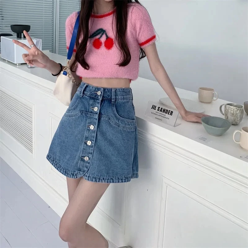 Korean Summer Denim Shorts Fashion Single-breasted Culottes Baggy High Waist Women's Jeans Streetwear New Short Pantskirt