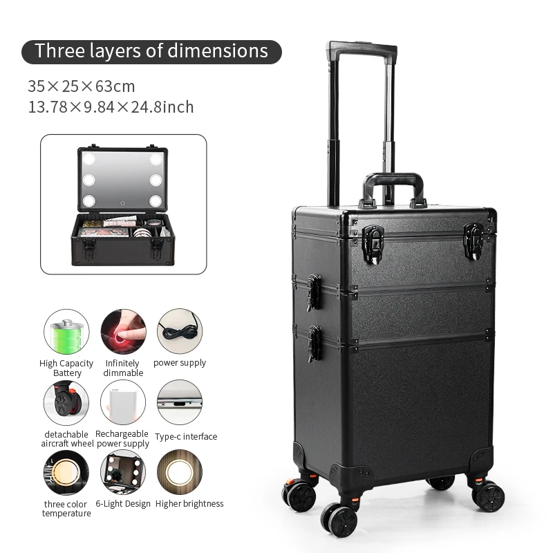 3 in 1 휴대용 교환식 알루미늄 롤링 메이크업(LED 거울 및 당김 막대 포함) - 미용 도구 정리함