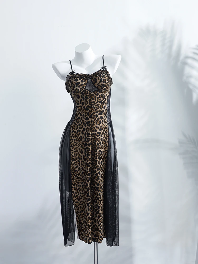

Leopard Nightdress Lady Dress Sexy Sleeveless Spaghetti Strap Lace Patchwork Backless Bra Pad Dress Female Sleepwear Summer 2026