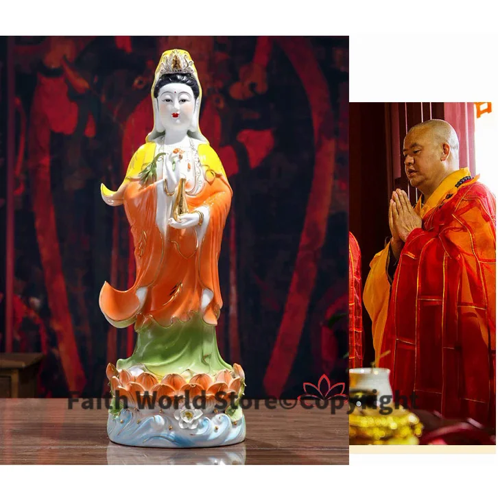 

45CM Large # home Lobby family Bless Safe Good luck Buddha Coloured drawing Guanyin Avalokitesvara Buddha porcelain art statue