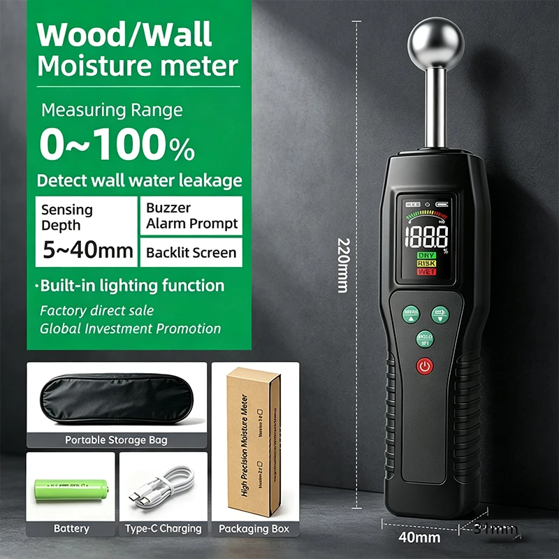 Portable Non-Invasive LCD Color Screen Display Moisture Meter for Concrete Waterproof Leakage Measurement Walls Roofs CE
