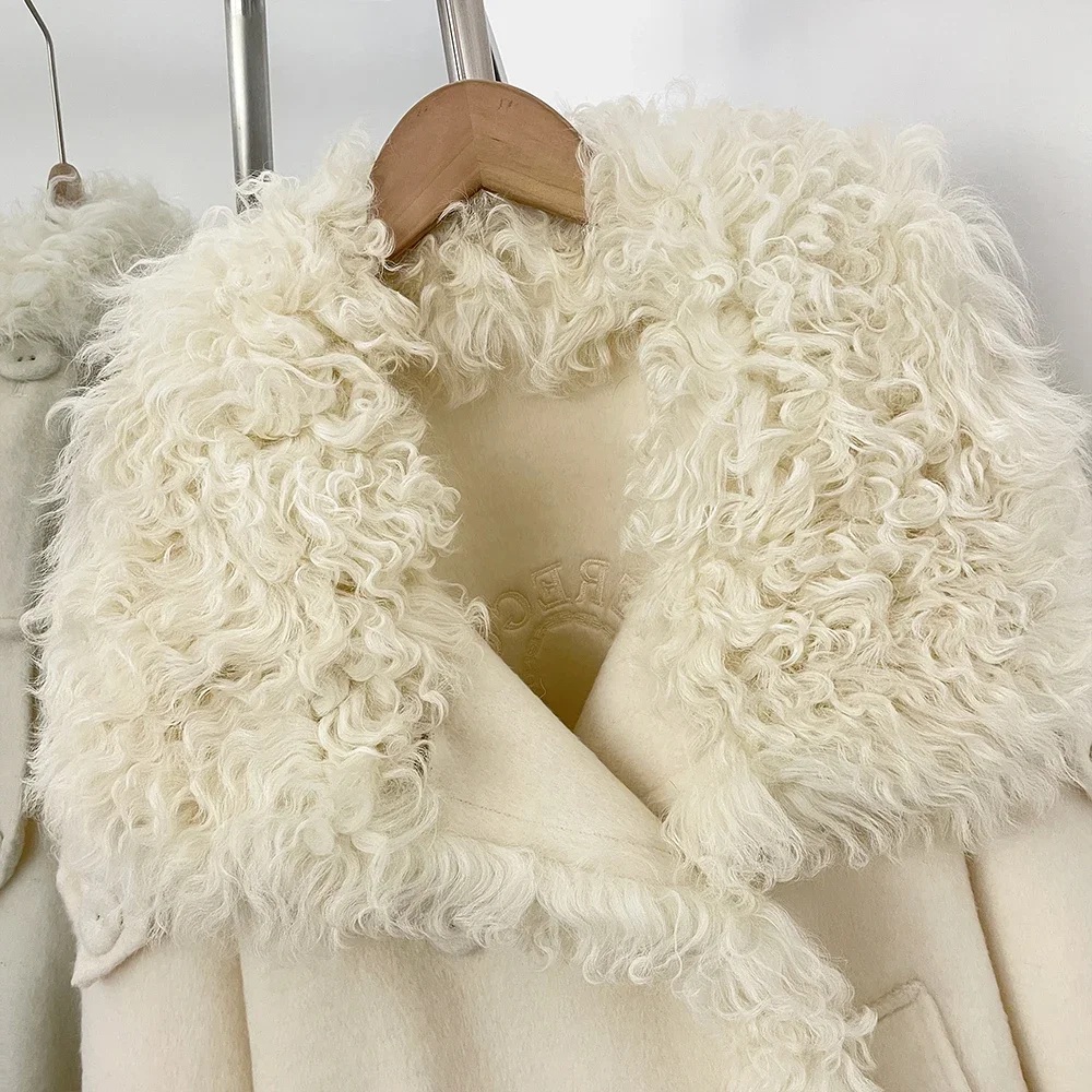 OFTBUY Neue Winter-Oberbekleidung für Damen, Kurzer Doppelreihiger Wollmantel, Natürliches Lockiges Echtfell von Mongolischem Schaf, Großer Reverskragen, Wolljacke – Detail 4