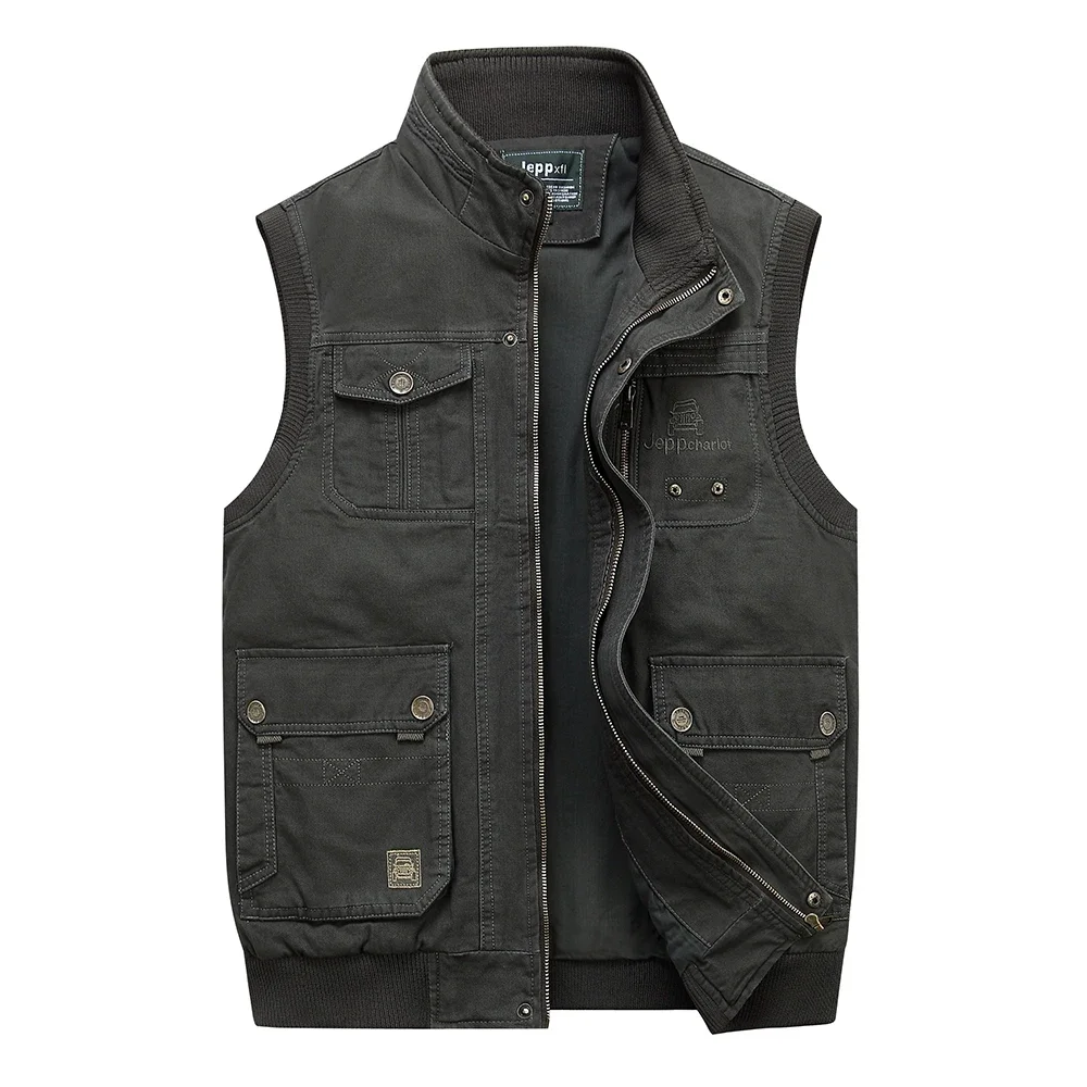 Men Multi Pockets Cotton Vests Big Size XL-5XL Sleeveless Jackets Spring Autumn Fishing Photography Collar XJ838